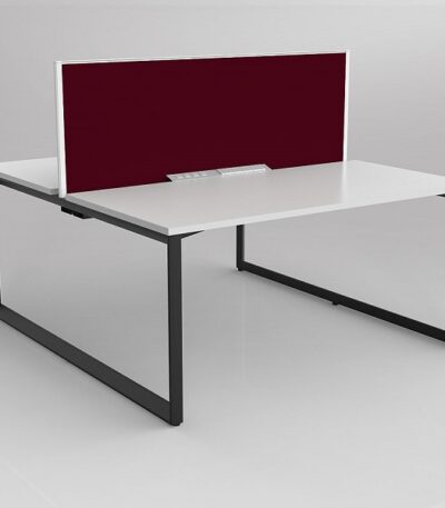 abbotts furniture 2person Doublesided anvil desk white top black frame red screen