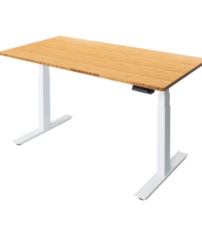 UpDown Pro Electric Desk with Bamboo Top and White Frame.