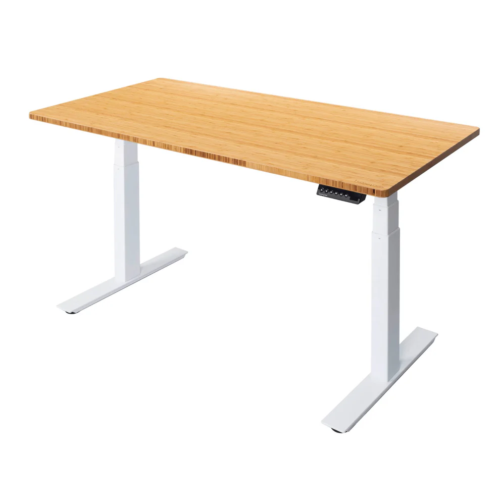 UpDown Pro Electric Desk with Bamboo Top and White Frame.